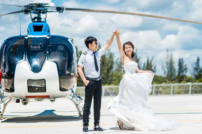 Ảnh cưới sang chảnh trên trực thăng của cặp đôi Hà Thành - Ảnh 5.