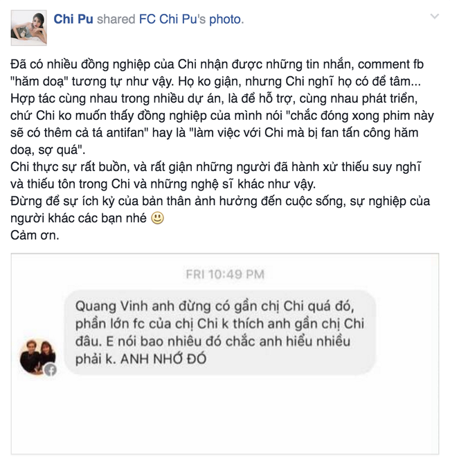 Chi Pu tức giận vì fan cuồng hăm doạ Quang Vinh - Ảnh 1.