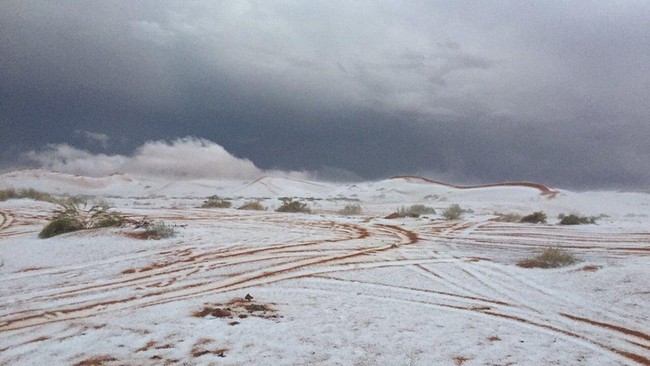 Tuyết bất ngờ rơi giữa sa mạc khô cằn ở Ả Rập - Ảnh 1.
