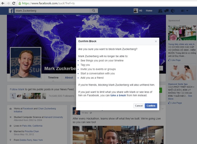 Điều bất ngờ gì sẽ xảy ra khi block tài khoản Facebook của Mark Zuckerberg? - Ảnh 1.