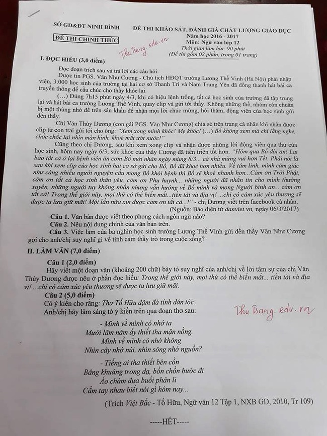 HS Lương Thế Vinh c&ugrave;ng h&aacute;t mong thầy Văn Như Cương mau khoẻ v&agrave;o đề thi Ngữ văn - Ảnh 1.