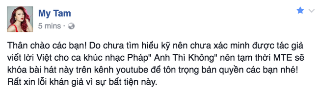 Mỹ T&acirc;m kh&oacute;a MV Anh th&igrave; kh&ocirc;ng sau khi bị t&aacute;c giả lời Việt tố cố t&igrave;nh vi phạm bản quyền - Ảnh 1.