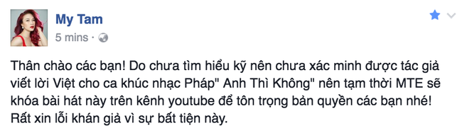 Mỹ Tâm khóa MV Anh thì không sau khi bị tác giả lời Việt tố cố tình vi phạm bản quyền - Ảnh 1.