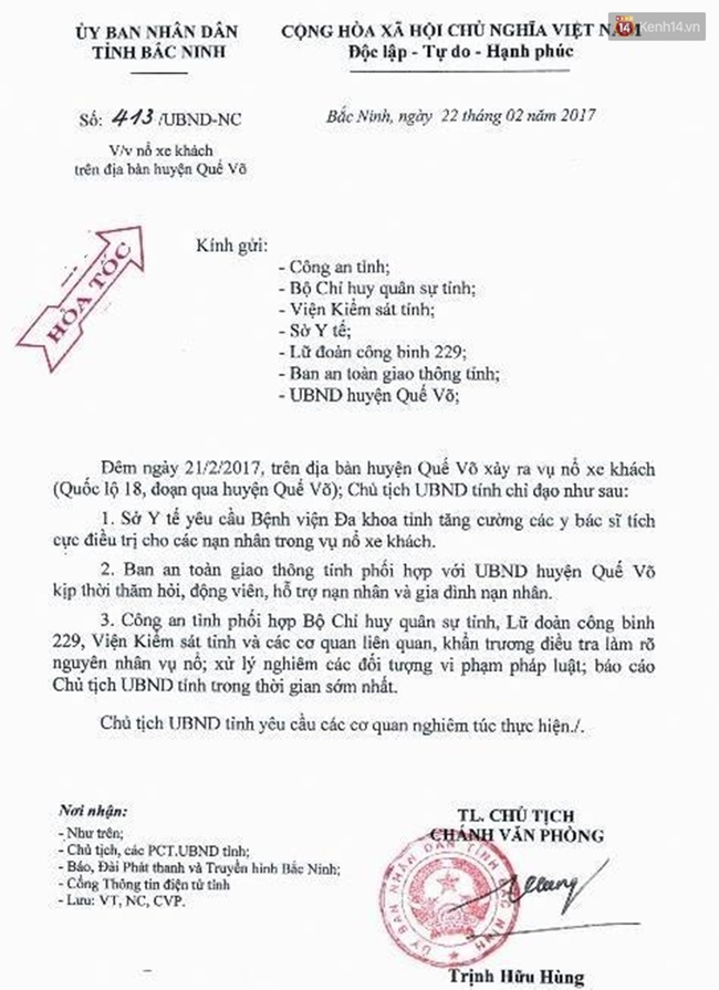 Chủ tịch tỉnh Bắc Ninh chỉ đạo làm rõ nguyên nhân nổ xe khách khiến 14 người thương vong - Ảnh 1.