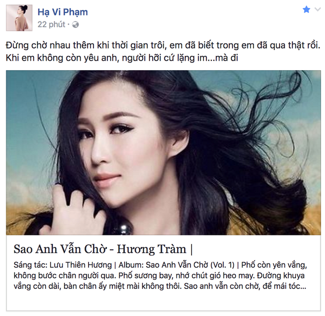 Mở lại Facebook, Hạ Vi mượn lời ca khúc của Hương Tràm để chia sẻ không còn yêu Cường Đô La? - Ảnh 1.