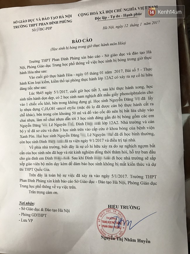 Sở GD-ĐT Hà Nội chỉ đạo xử lý nghiêm cá nhân liên quan đến vụ nổ khiến nữ sinh Phan Đình Phùng bị bỏng - Ảnh 2.