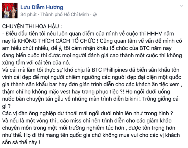 Hoa hậu Diễm Hương bức xúc trước cách tổ chức ao làng của Hoa hậu Hoàn vũ 2016 - Ảnh 1.