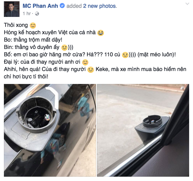 MC Phan Anh m&eacute;o mặt v&igrave; bị kẻ trộm bẻ gương xe ngay đầu năm - Ảnh 1.