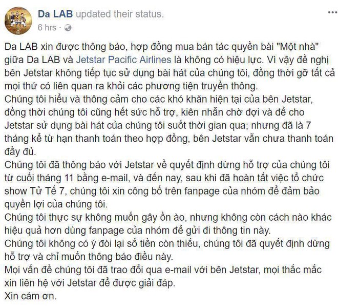 Da LAB yêu cầu Jetstar Pacific gỡ bài “Một nhà” ra khỏi các phương tiện truyền thông vì quá hạn 7 tháng chưa thanh toán hợp đồng - Ảnh 1.