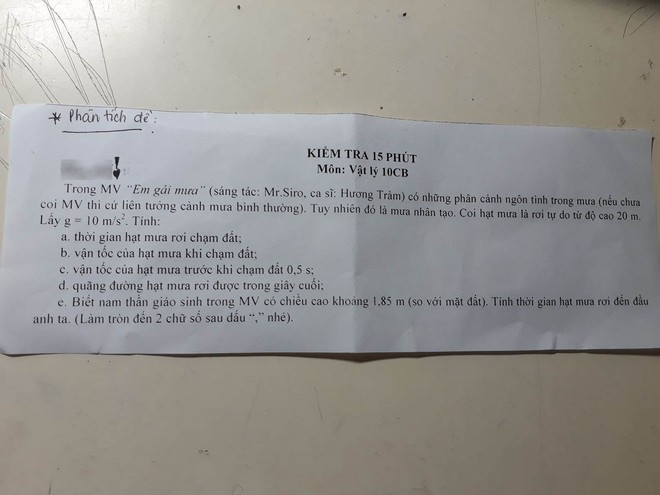 Đề kiểm tra Lý ở Bình Dương: Tính thời gian hạt mưa rơi đến đầu thầy giáo trong MV Em gái mưa - Ảnh 2.