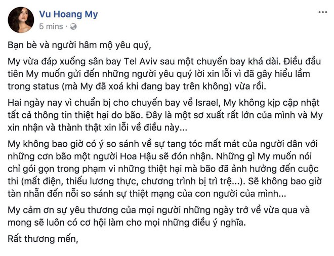 Sau khi xóa phát ngôn gây tranh cãi liên quan đến bão số 12, Á hậu Hoàng My đã gửi lời xin lỗi - Ảnh 1.