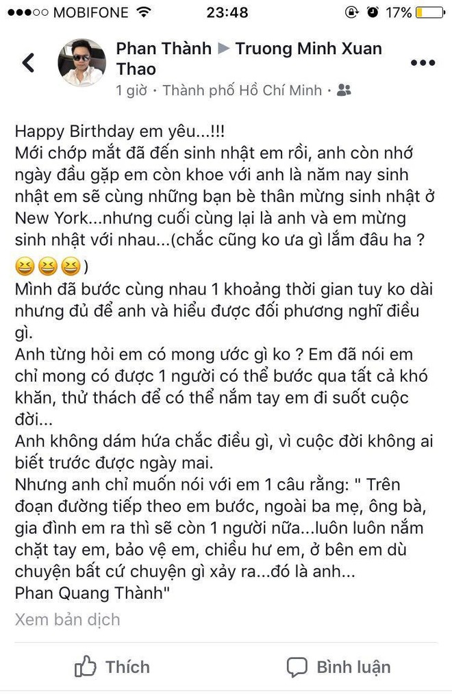 Phan Thành thừa nhận hẹn hò với Primmy Truong bằng status chúc mừng sinh  nhật em yêu đầy lãng mạn  GUUvn