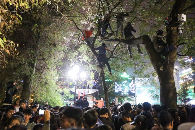 Nhiều thanh niên trèo cây, đứng trên thùng rác, WC... tại phố đi bộ Hà Nội để xem ca nhạc đêm giao thừa - Ảnh 4.