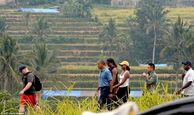 Gia đình cựu Tổng thống Obama đi dạo giữa cánh đồng lúa trong kỳ nghỉ dưỡng tại Indonesia - Ảnh 2.