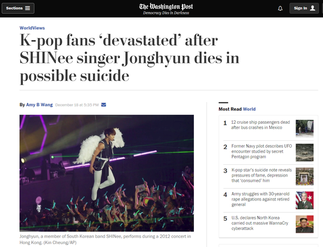 Hàng loạt các trang báo lớn trên thế giới đưa tin, bày tỏ niềm tiếc thương với cái chết của nam ca sĩ Hàn Quốc Jonghyun - Ảnh 5.