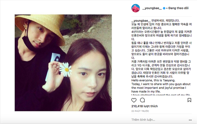 Vừa xác nhận tin hỷ, Taeyang đã đăng ảnh tình tứ bên vợ sắp cưới và viết tâm thư gửi Big Bang cùng fan - Ảnh 2.