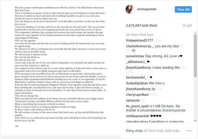 Ariana Grande viết tâm thư xúc động, tuyên bố sẽ trở lại Manchester biểu diễn - Ảnh 1.