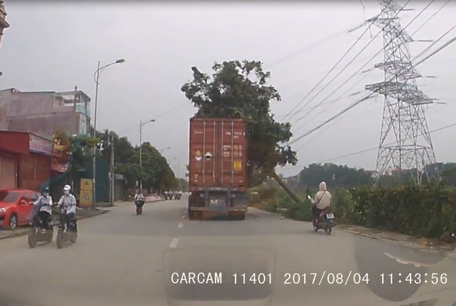 Clip: Container đâm trúng cành cây, rơi đè vào cô gái đi xe máy phía sau - Ảnh 2.