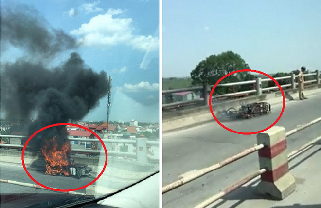 Xe máy cháy trơ khung sắt sau khi gặp tai nạn trên cầu Thanh Trì - Ảnh 2.