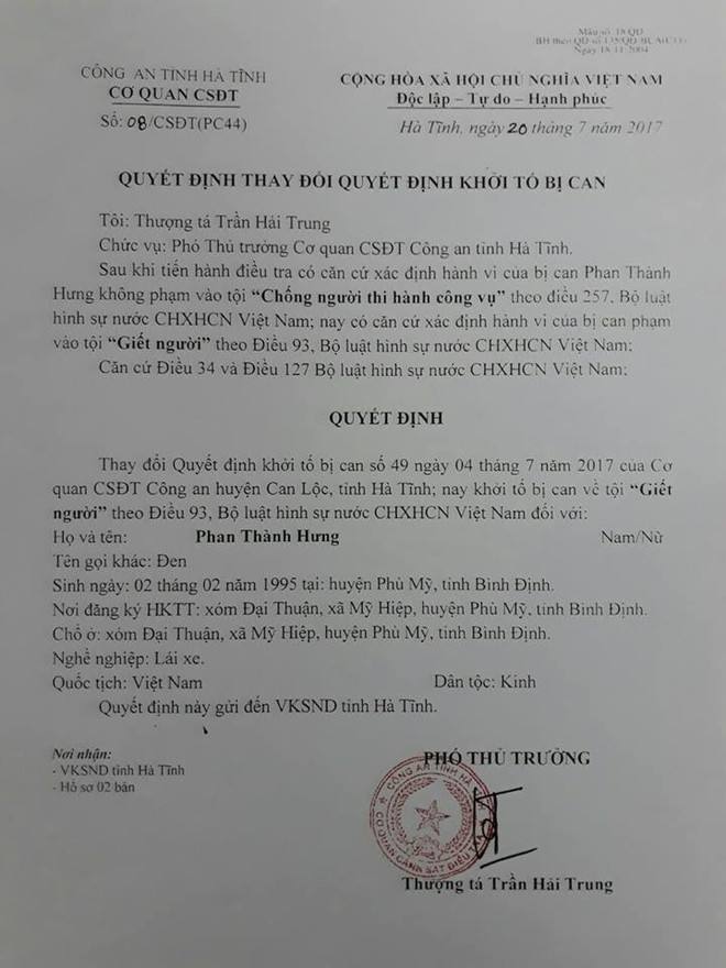Tài xế hất văng CSGT ở Hà Tĩnh bị chuyển tội giết người - Ảnh 2.