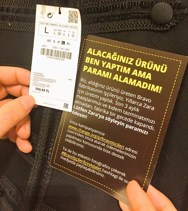 Hãng thời trang nổi tiếng Zara bị công nhân tố nợ lương 3 tháng thông qua lời kêu cứu trên nhãn quần áo - Ảnh 1.