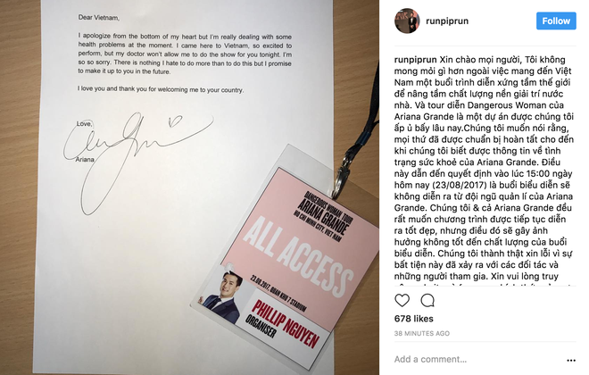 Phillip Nguyễn đăng thư chính thức xin lỗi khán giả kèm theo chữ ký của Ariana Grande - Ảnh 1.