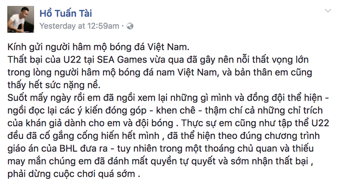 Tuấn Tài viết tâm thư xin lỗi người hâm mộ Việt Nam - Ảnh 1.