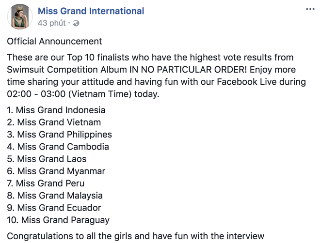 Ngày càng tỏa sáng, Huyền My tiếp tục lọt Top 10 thí sinh diện bikini được yêu thích nhất tại Miss Grand International 2017 - Ảnh 1.