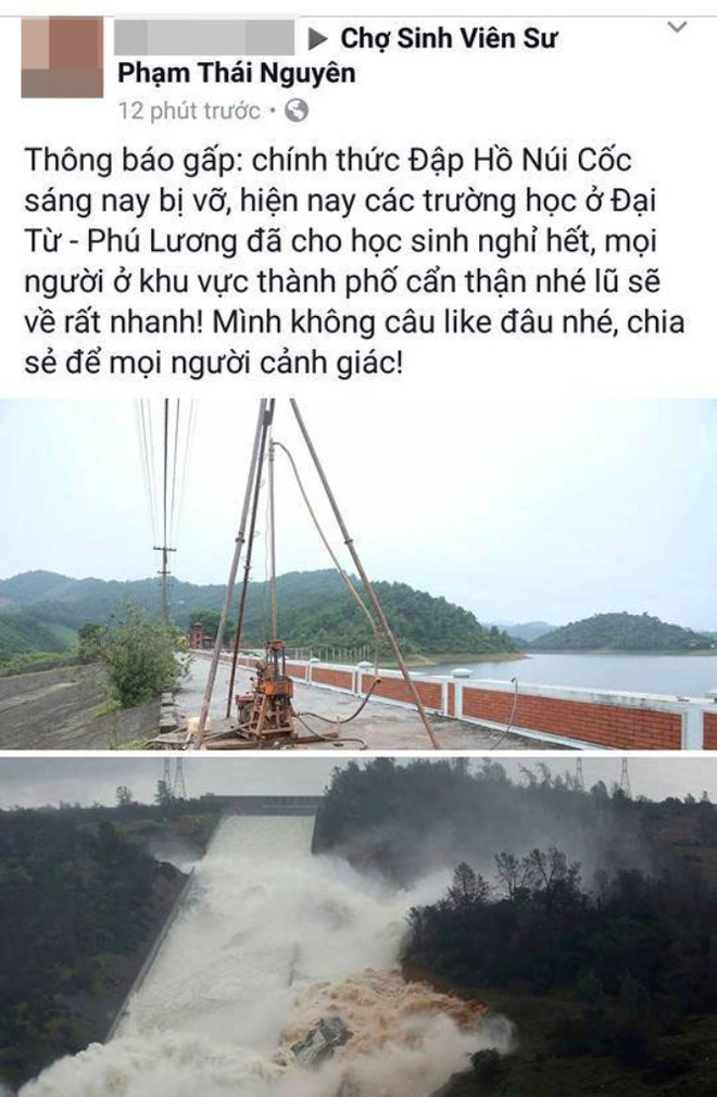 Công an Thái Nguyên đề nghị xử phạt nam thanh niên tung tin vỡ đập hồ Núi Cốc trên facebook - Ảnh 1.