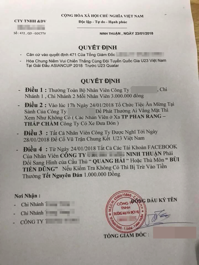 Sếp của năm: Thưởng mỗi nhân viên 3 triệu đồng, cho nghỉ luôn để cổ vũ chung kết, nếu U23 vô địch, thưởng tiếp mỗi nhân viên 3 tháng lương - Ảnh 1.