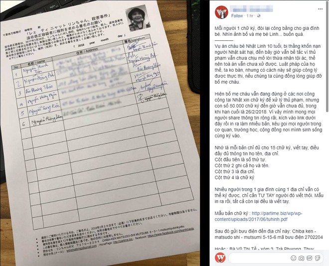 Cộng đồng mạng chung tay ủng hộ chữ ký tìm lại công bằng cho bé Nhật Linh bị sát hại tại Nhật - Ảnh 4.