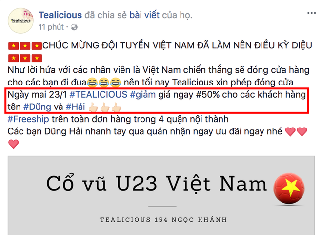 Không chỉ giảm giá cực mạnh, hàng loạt quán ăn quyết FREE sau chiến thắng của U23 Việt Nam hôm nay - Ảnh 11.