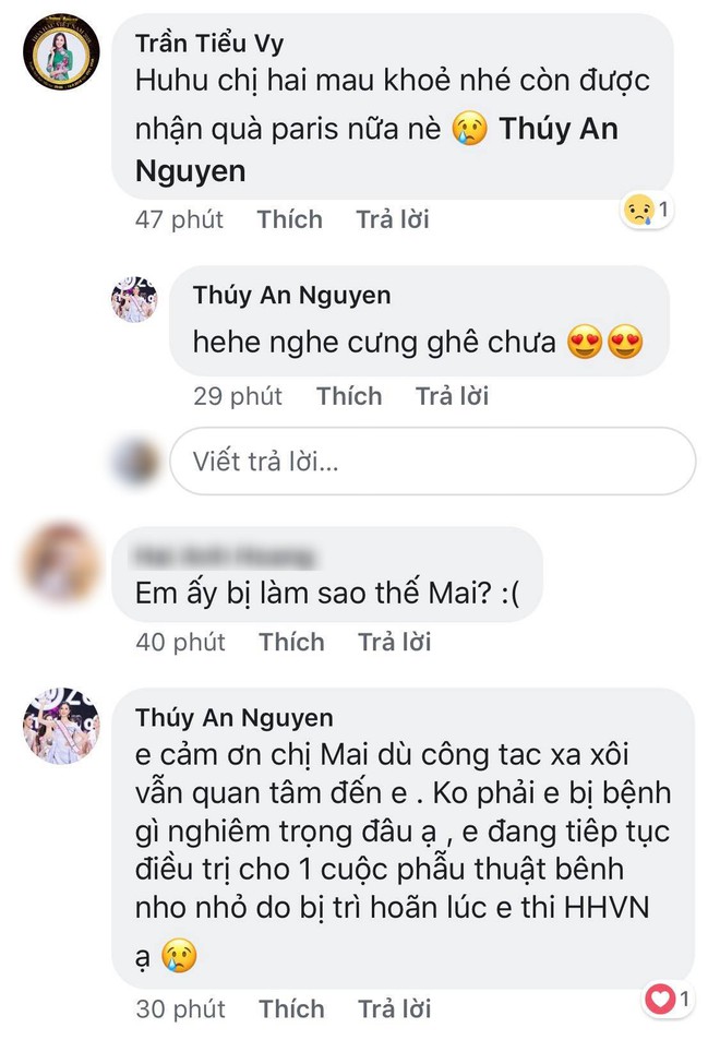 Đăng quang chưa l&acirc;u &Aacute; hậu Th&uacute;y An vừa phải nhập viện, Hoa hậu Tiểu Vy đang ở Ph&aacute;p vẫn kịp thời hỏi thăm - Ảnh 2.