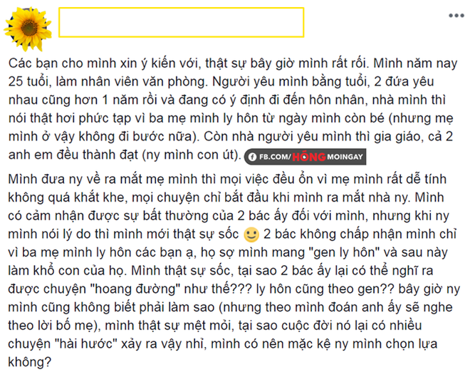 Cô gái cay đắng khi gia đình người yêu phản đối vì sợ mang gen ly hôn - Ảnh 1.