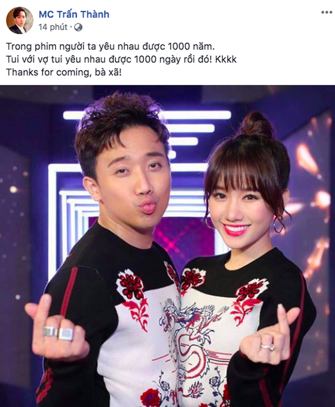 Trấn Thành ngá»t ngào ká» niá»m 1000 ngày yêu nhau vá»i Hari Won: "Cảm Æ¡n em Äã Äến bên anh, bà xã!" - Ảnh 1.