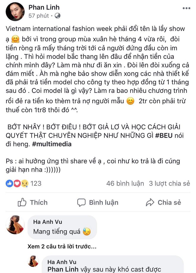 Vietnam International Fashion Week tiếp tục bị loạt người mẫu tố chậm tiền: Thu/Đ&ocirc;ng đ&atilde; qua m&agrave; catxe m&ugrave;a Xu&acirc;n/H&egrave; vẫn chưa thấy! - Ảnh 1.