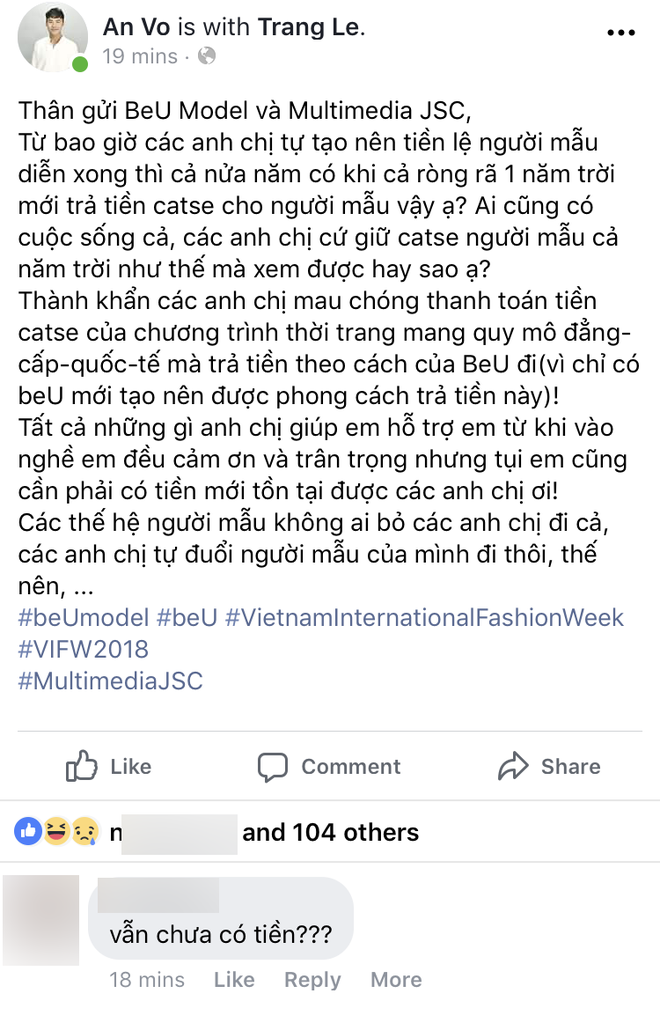 Vietnam International Fashion Week tiếp tục bị loạt người mẫu tố chậm tiền: Thu/Đ&ocirc;ng đ&atilde; qua m&agrave; catxe m&ugrave;a Xu&acirc;n/H&egrave; vẫn chưa thấy! - Ảnh 3.