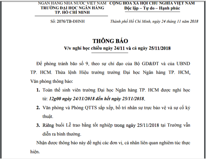 Hàng loạt trường Đại học ở TPHCM cho sinh viên nghỉ học, hoãn thi tránh bão số 9 - Ảnh 1.