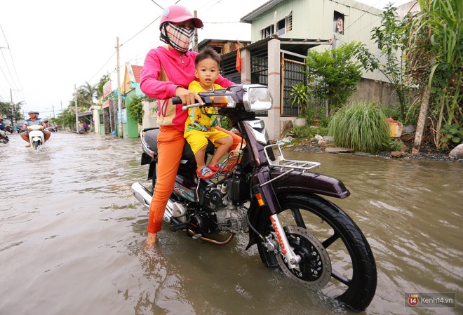 Triều cường d&acirc;ng cao ở S&agrave;i G&ograve;n, cha mẹ khổ sở đẩy xe lội nước đưa con đi học về - Ảnh 7.
