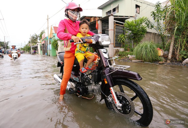 Triều cường dâng cao ở Sài Gòn, cha mẹ khổ sở đẩy xe lội nước đưa con đi học về - Ảnh 7.