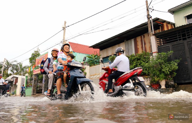 Triều cường dâng cao ở Sài Gòn, cha mẹ khổ sở đẩy xe lội nước đưa con đi học về - Ảnh 3.
