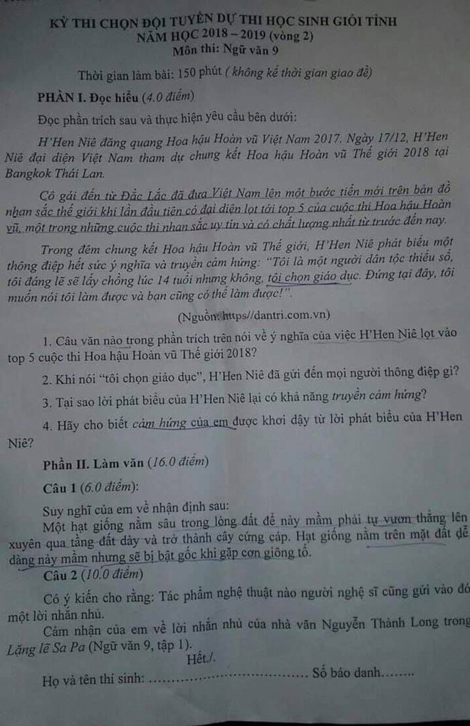 HHen Niê xuất hiện trong đề thi chọn học sinh giỏi Ngữ văn với đoạn phát biểu gây sốt ở Miss Universe 2018 - Ảnh 1.