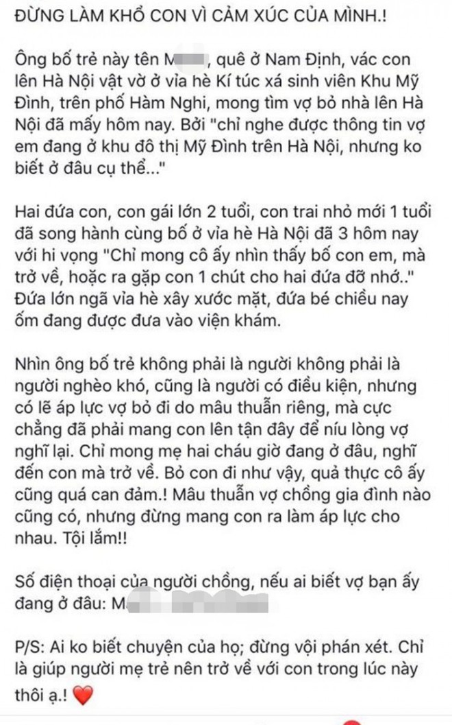 Hình ảnh chồng bế 2 con nhỏ lên Hà Nội, lang thang tìm vợ bỏ nhà ra đi gây xôn xao MXH - Ảnh 1.