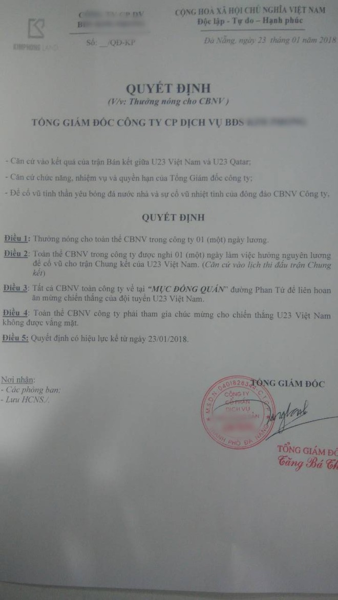 Công ty ở Đà Nẵng thưởng nóng lương và đãi tiệc nhân viên ăn mừng U23 Việt Nam vào chung kết - Ảnh 1.