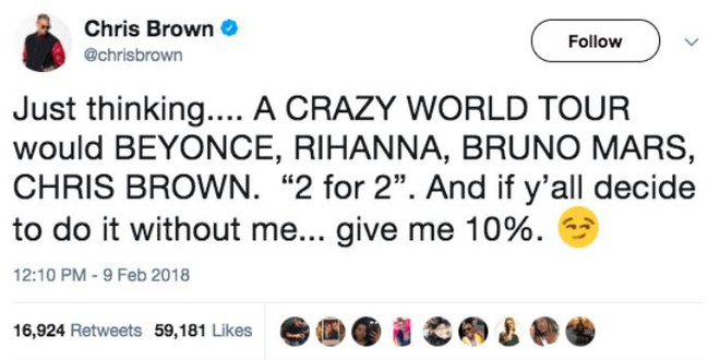 Chris Brown gom đủ gạch xây nhà khi tweet muốn đi tour với Rihanna - Ảnh 1.