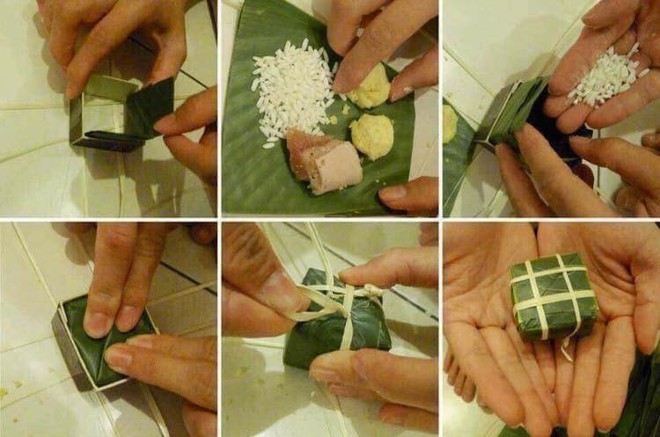 Thanh ni&ecirc;n kh&eacute;o tay biểu diễn g&oacute;i b&aacute;nh chưng to bằng bao di&ecirc;m, vẫn đầy đủ th&agrave;nh phần như thường - Ảnh 1.