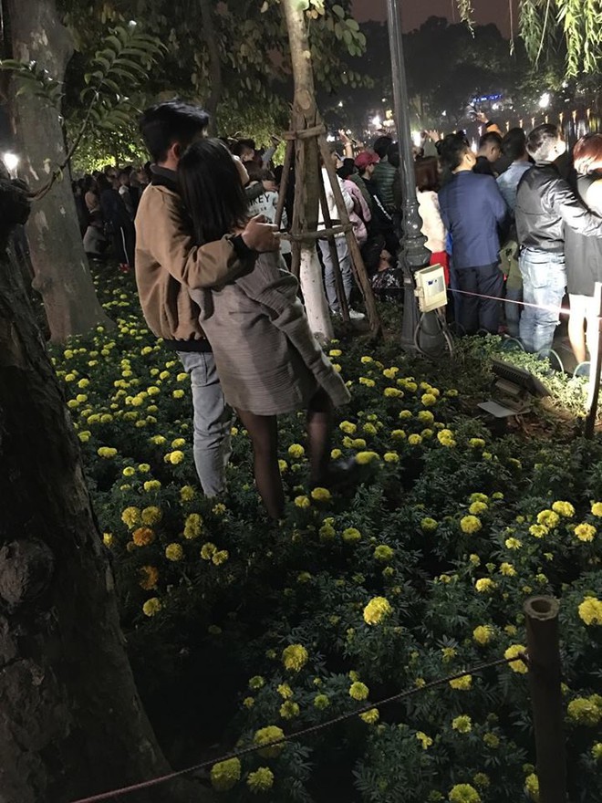 Cặp đôi vô tư nhất đêm 30 Tết: Đứng trong luống hoa xem pháo bông cho rõ - Ảnh 1.