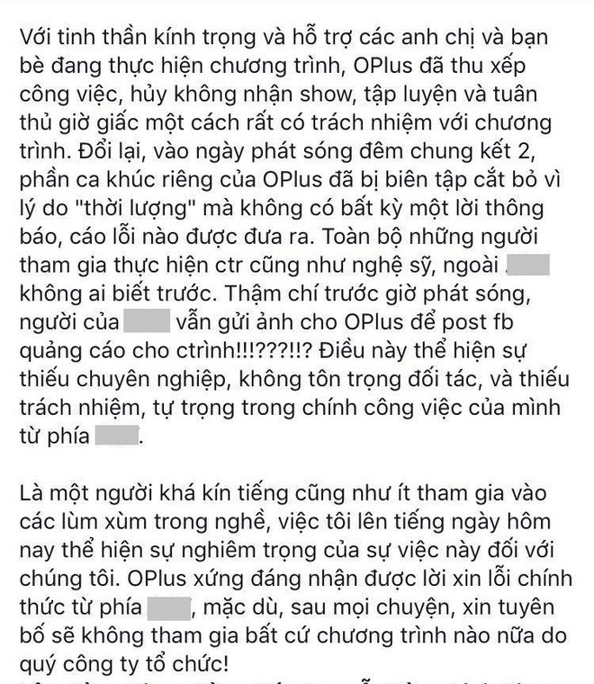 Thành viên nhóm Oplus tố BTC Sao đại chiến thiếu chuyên nghiệp vì bị cắt tiết mục khỏi chương trình - Ảnh 2.