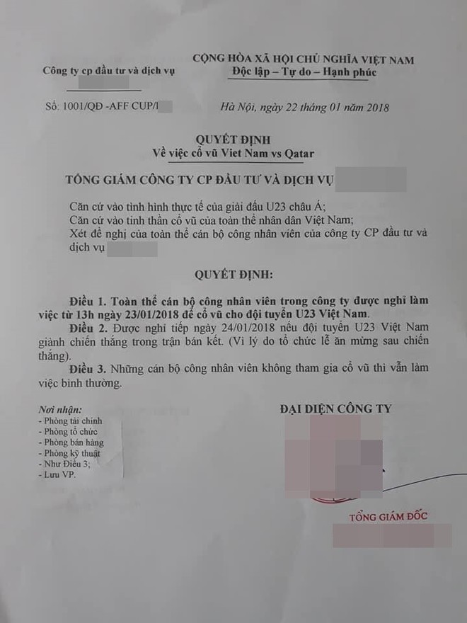 Tờ quyết định hot nhất MXH: Cho nhân viên nghỉ làm để cổ vũ U23 Việt Nam đấu trận bán kết - Ảnh 1.