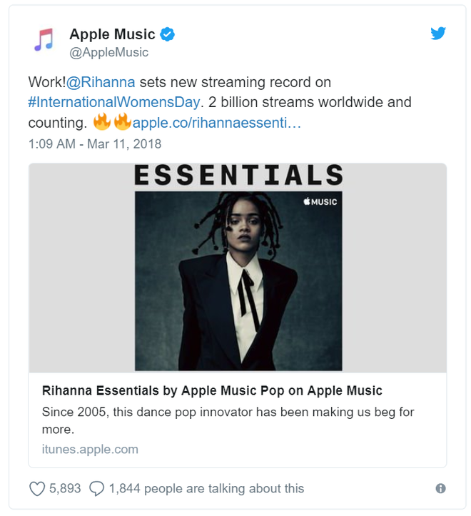 Lười ra album, Rihanna vẫn qua mặt tất cả sao nữ trên thế giới để vượt mốc 2 tỷ lượt nghe online của Apple Music - Ảnh 1.